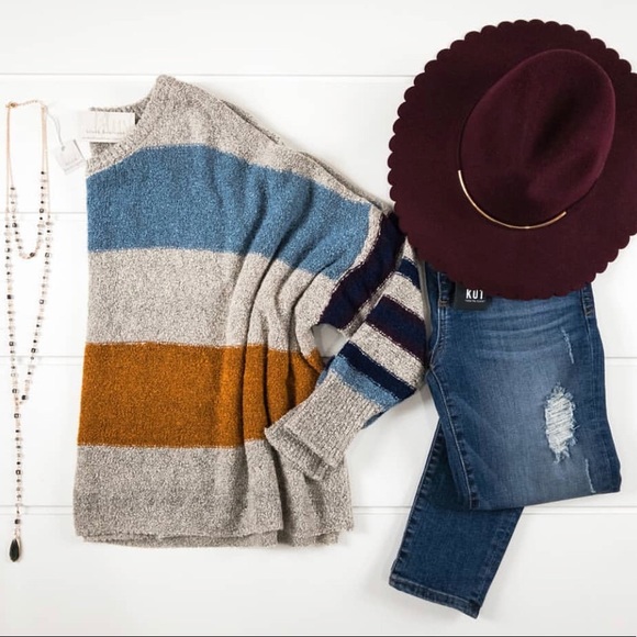 1 Left! Grey Multi Color Striped Oversized Sweater - Picture 6 of 6